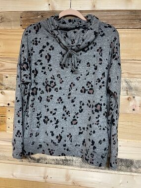 Maurices size Large Gray Leopard Print Soft Brush Fleece with Cowl-neck Line Top